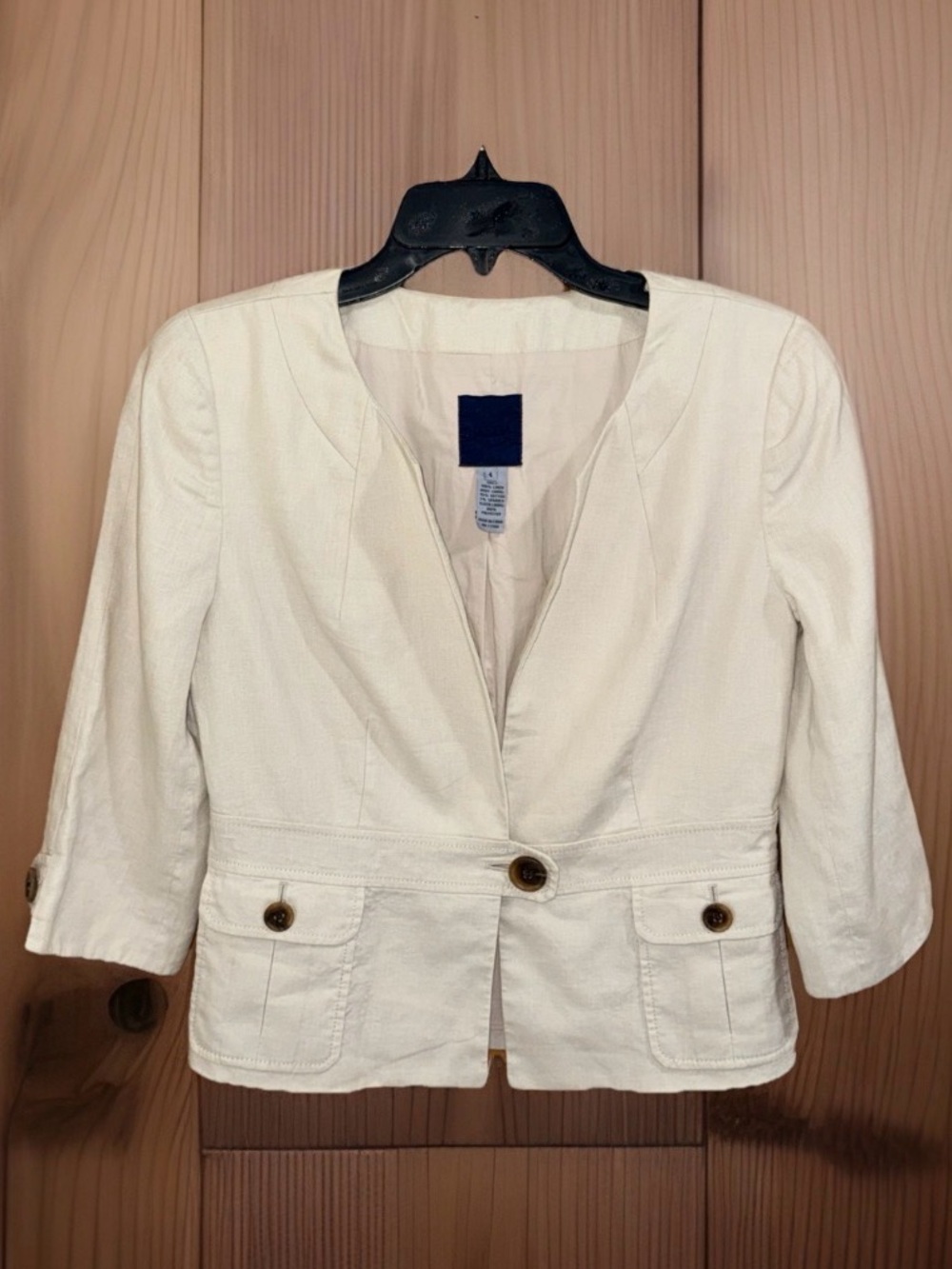 J. Crew Women’s Cream Linen Single-Button Cropped Blazer with 3/4 Sleeve-4-EC